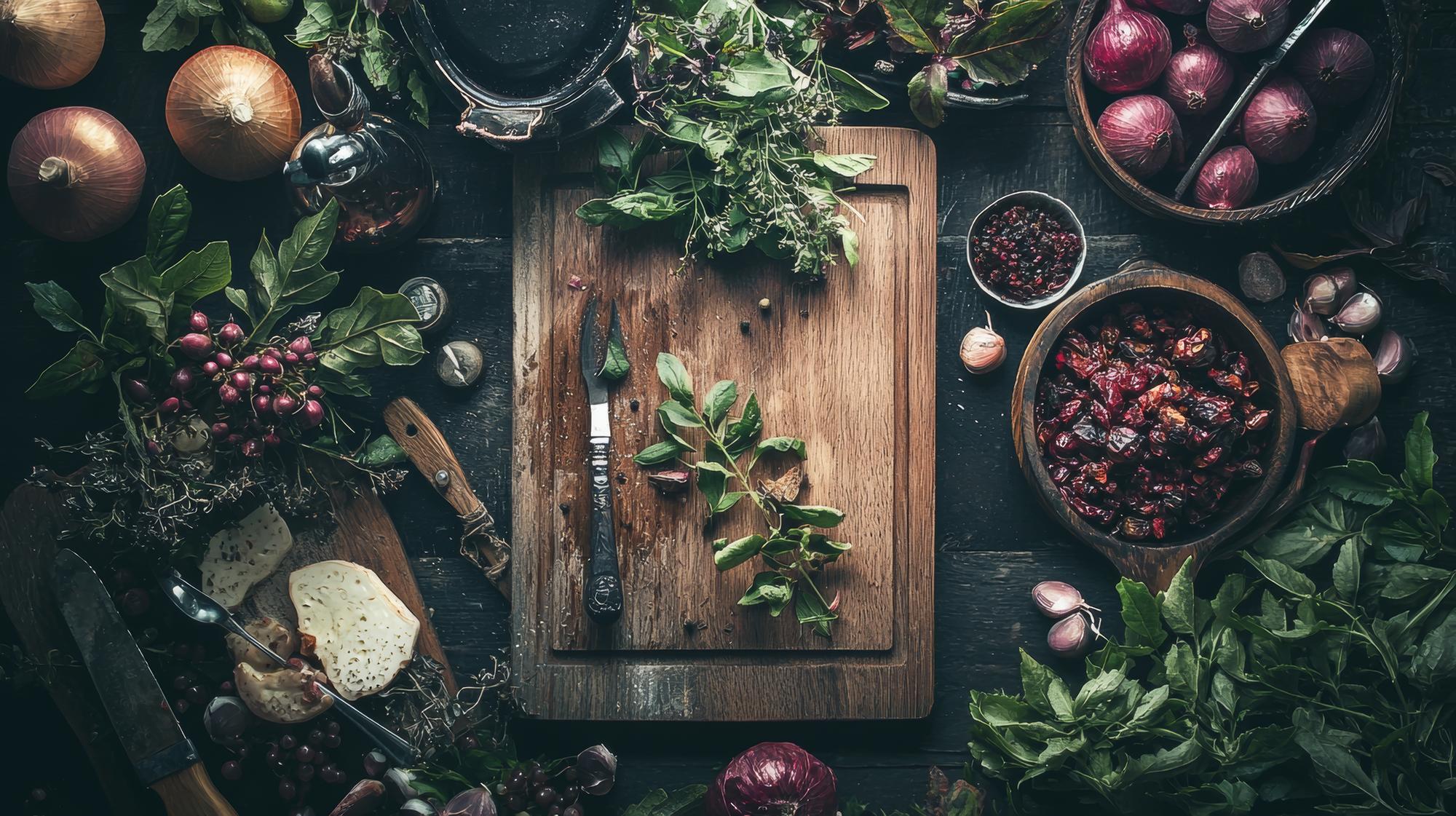 Platou rustic cu ingrediente proaspete și tacâmuri